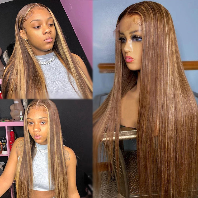 BOGO DEAL ! Hot Star Highlight Color #P4/27 HD Transparent 13x6 Lace Front Human Hair Wig