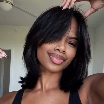 Hot Star Face-Framing Sleek Swoop Bangs Layered Cut Bob 6x5 Glueless Lace Human Hair Wig