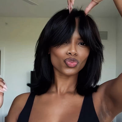 Hot Star Face-Framing Sleek Swoop Bangs Layered Cut Bob 6x5 Glueless Lace Human Hair Wig