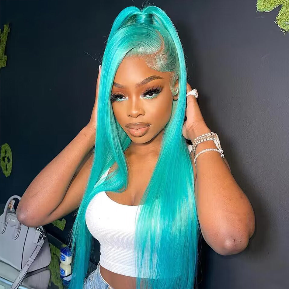 Hot Star 210% Density Customized Mint Blue Colored HD Transparent 13x6 Lace Front Human Hair Wig Brazilian Straight Hair