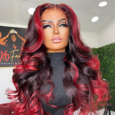Hot Star Ombre Red With Black Colored 5x5 13x6 Lace Front Closure Wig 4x6 Glueless Ready To Go Human Hair Wigs Body Wave