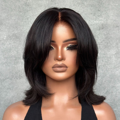 Hot Star Face-Framing Sleek Swoop Bangs Layered Cut Bob 6x5 Glueless Lace Human Hair Wig