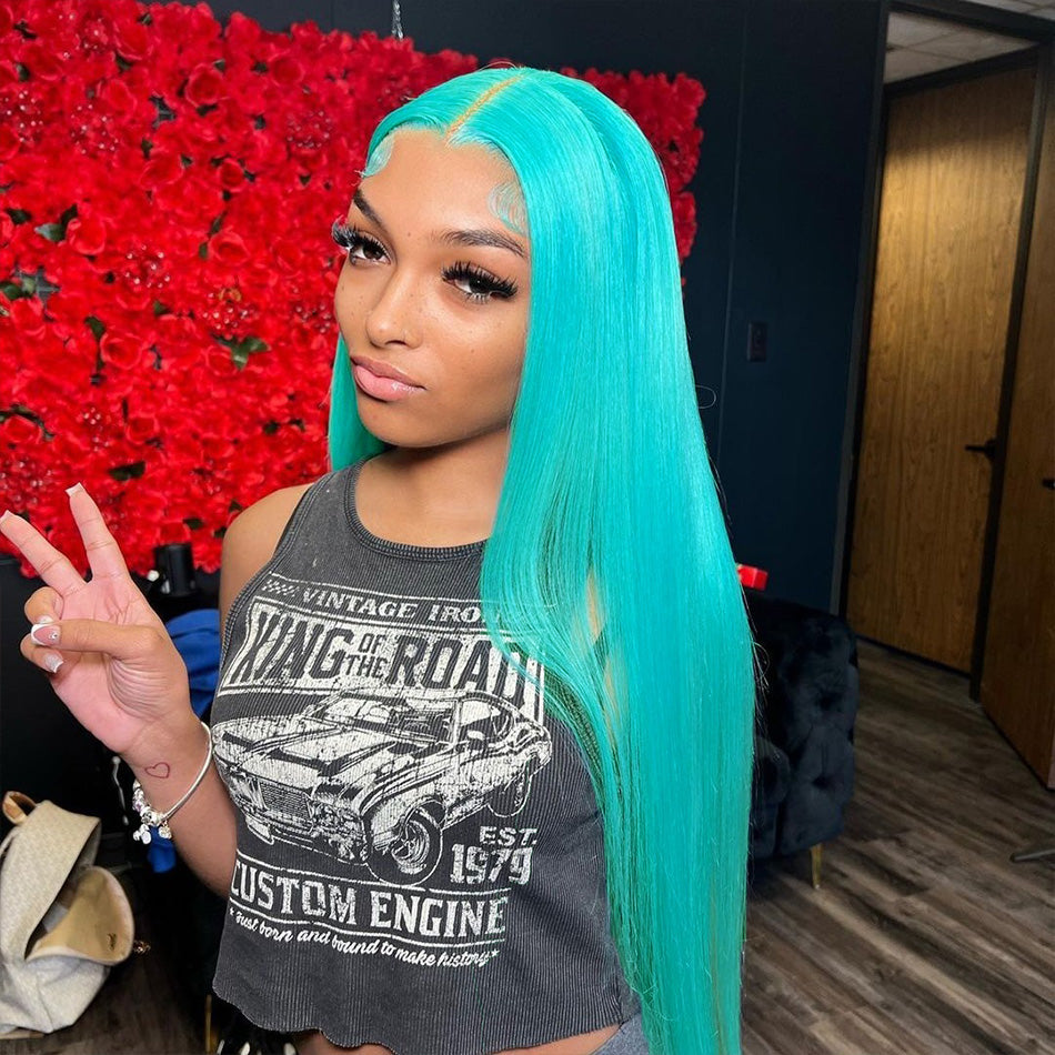 Hot Star 210% Density Customized Mint Blue Colored HD Transparent 13x6 Lace Front Human Hair Wig Brazilian Straight Hair