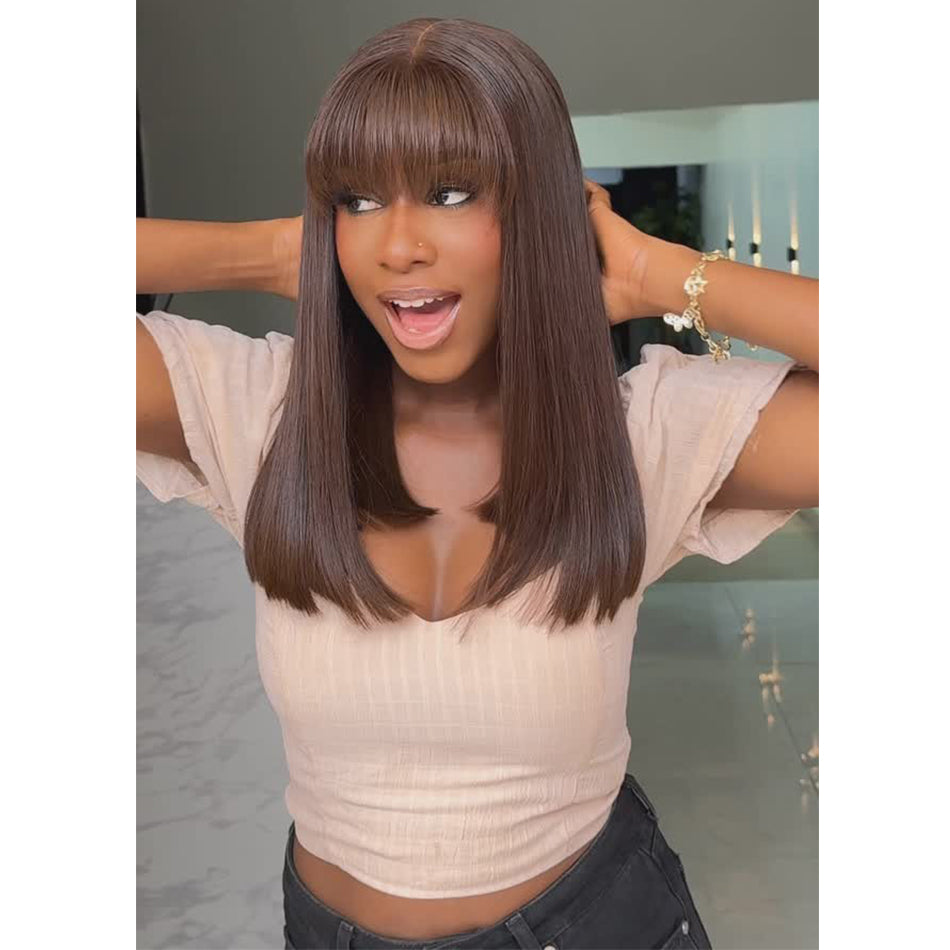 Hot Star Brown Colored Bob Wigs With Bang Glueless Lace Human Hair Wigs Wear Go