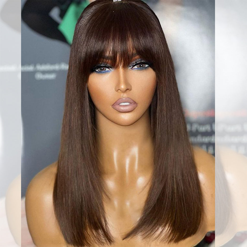 Hot Star Brown Colored Bob Wigs With Bang Glueless Lace Human Hair Wigs Wear Go