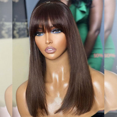 Hot Star Brown Colored Bob Wigs With Bang Glueless Lace Human Hair Wigs Wear Go