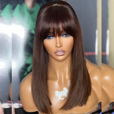 Hot Star Brown Colored Bob Wigs With Bang Glueless Lace Human Hair Wigs Wear Go