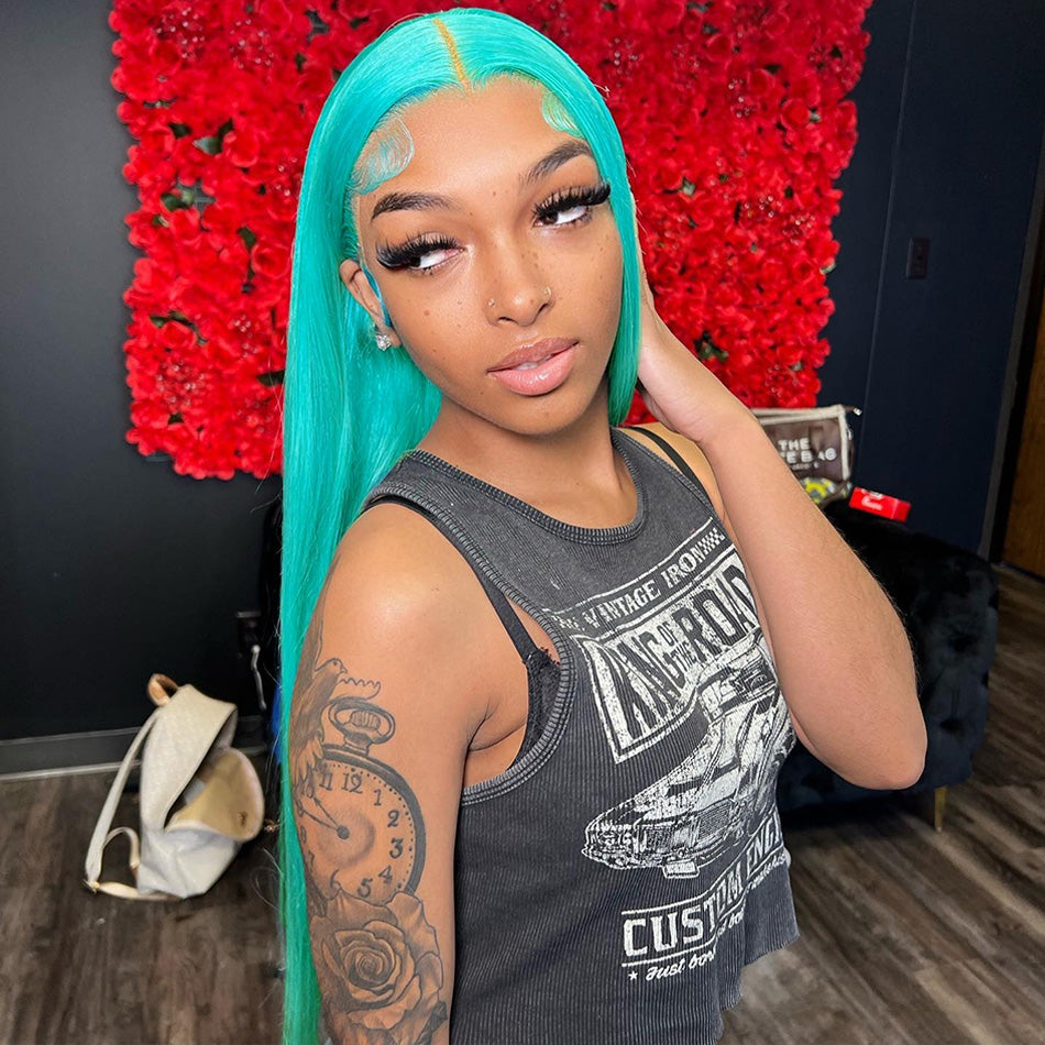 Hot Star 210% Density Customized Mint Blue Colored HD Transparent 13x4 13x6 Lace Front Human Hair Wig Brazilian Straight Hair