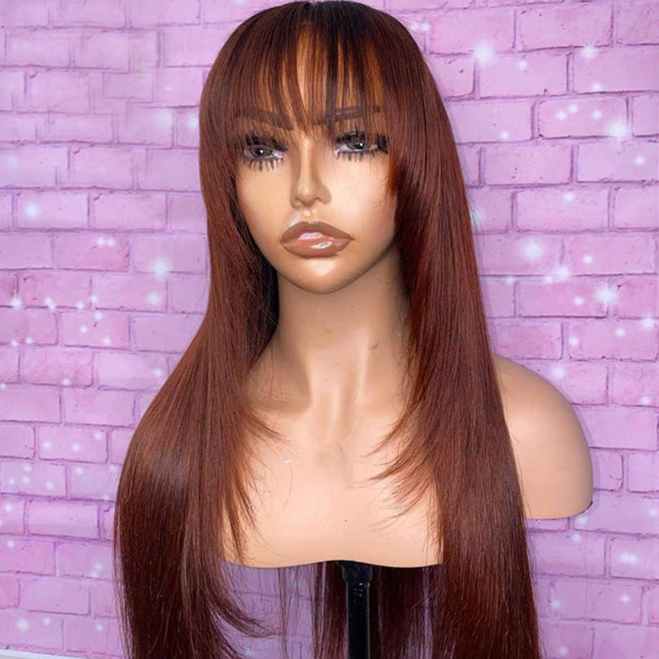 Hot Star 180% Density None Lace Glueless Reddish Brown Colored Layered Cut Straight Human Hair Wigs With Bang