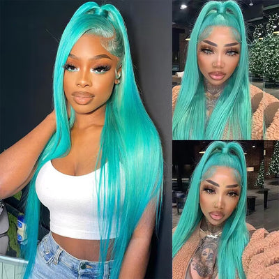 Hot Star 210% Density Customized Mint Blue Colored HD Transparent 13x4 13x6 Lace Front Human Hair Wig Brazilian Straight Hair