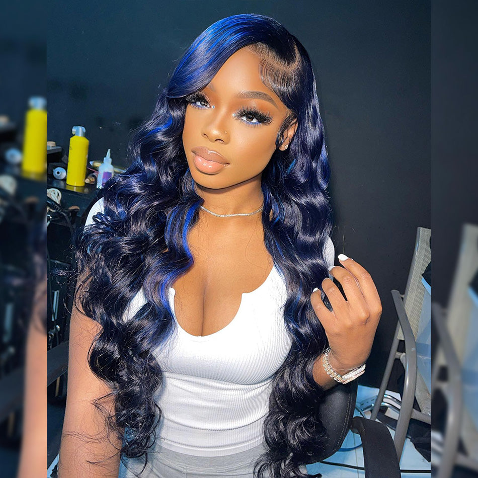 Hot Star Hightlight Black With Blue 4x6 Glueless Lace Closure Ready To Go Wig 5x5 13x6 Lace Front Human Hair Wig