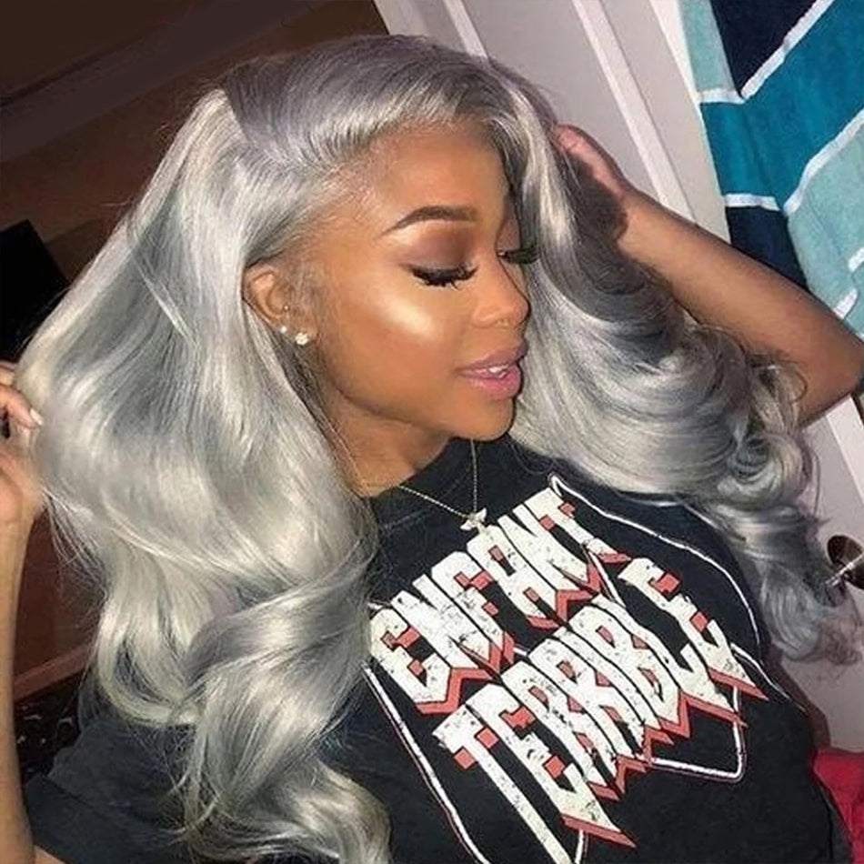 Hot Star Transparent 13x4 13x6 Lace Frontal Wig Brazilian Body Wave Pre Plucked Silver Gray Lace Front Colored Human Hair Wigs