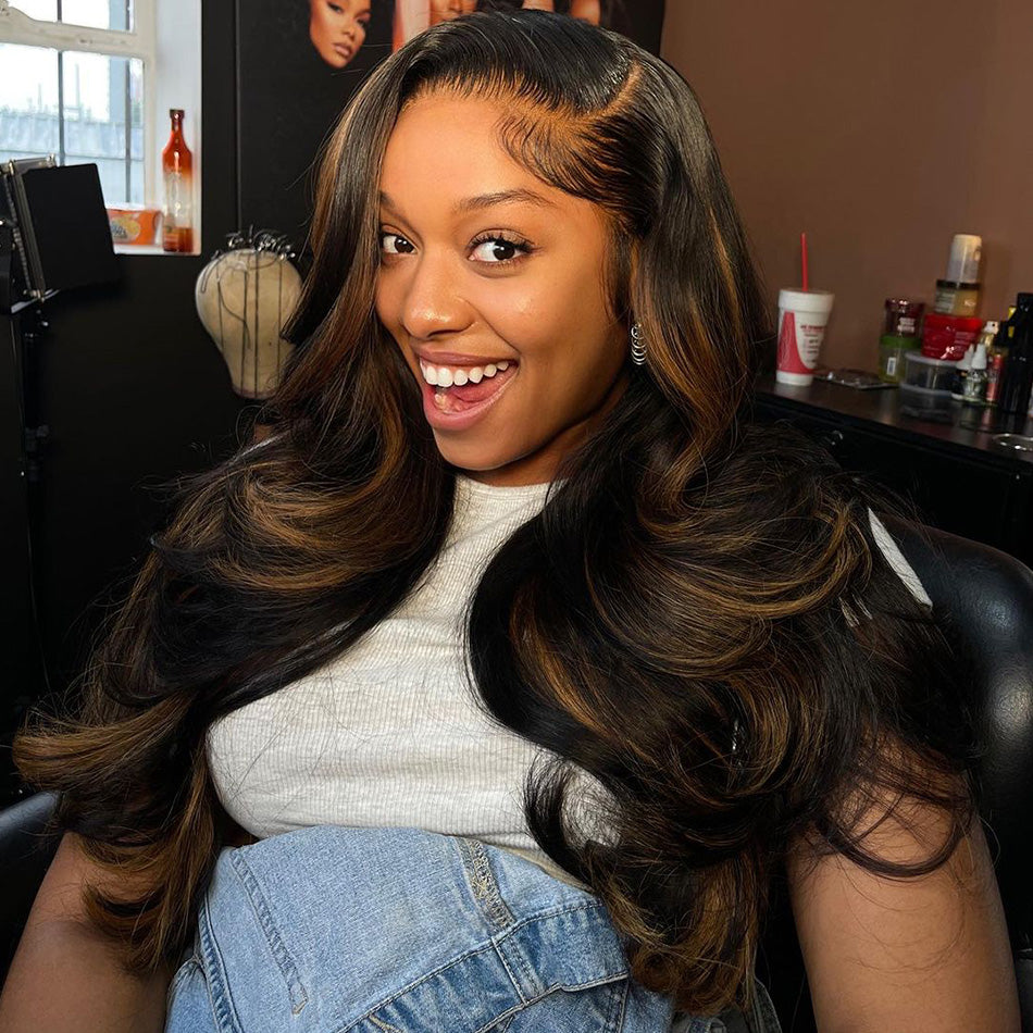 Hot Star Ombre Black Roots Highlight Brown Color 13x6 Lace Front Wig 6x5 Glueless Ready To Go Human Hair Wigs