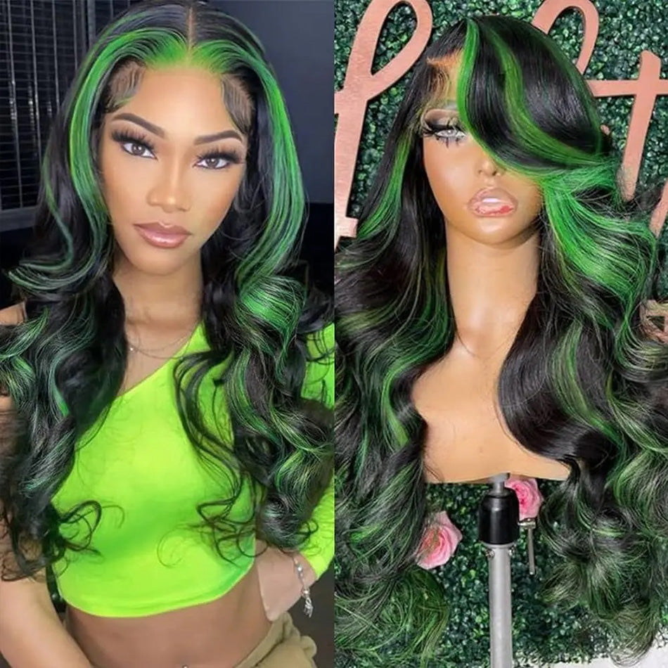 Hot Star 180% Density Highlight Black With Green 5x5 13x6 Lace Closure Front Wig 6x4 Glueless Ready To Go Human Hair Wigs Body Wave