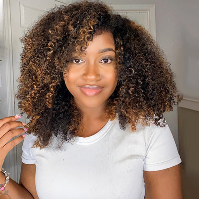 Hot Star Natural Curly Highlight Brown Colored Seamless V-Part Wig