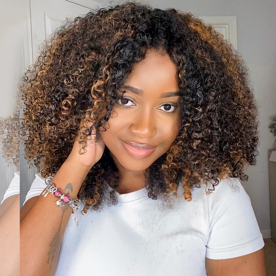 Hot Star Natural Curly Highlight Brown Colored Seamless V-Part Wig