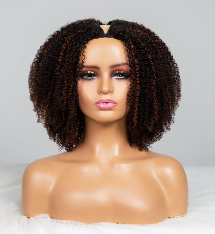 Hot Star Natural Curly Highlight Brown Colored Seamless V-Part Wig