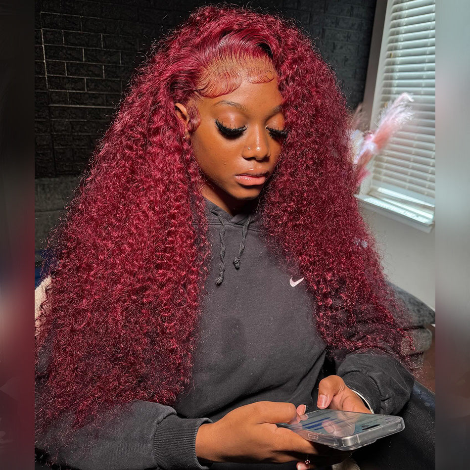 Hot Star Reddish Burgundy Colored 5x5 13x6 Lace Front Closure Curly 6x4 Glueless Ready To Go Human Hair Wigs