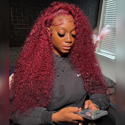 Hot Star Reddish Burgundy Colored 5x5 13x6 Lace Front Closure Curly 6x5 Glueless Ready To Go Human Hair Wigs