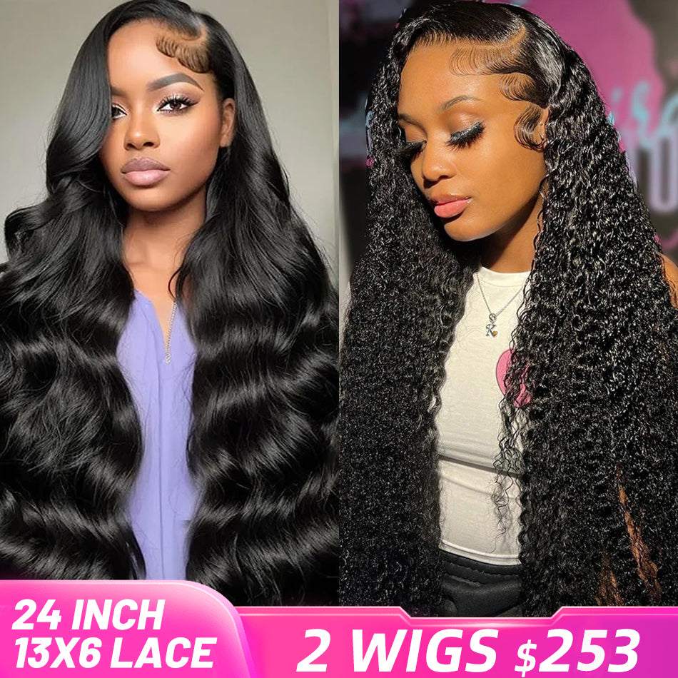 [2 Wigs 13x6 Lace]Natural Black Curly +Natural Black Body Wave 13x6 Lace Front Human Hair Wig