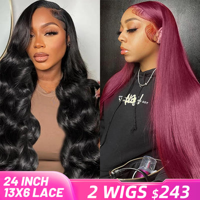 [2 Wigs 13x6 Lace]Natural Black Body Wave +#99j Colored 13x6 Lace Front Human Hair Wig