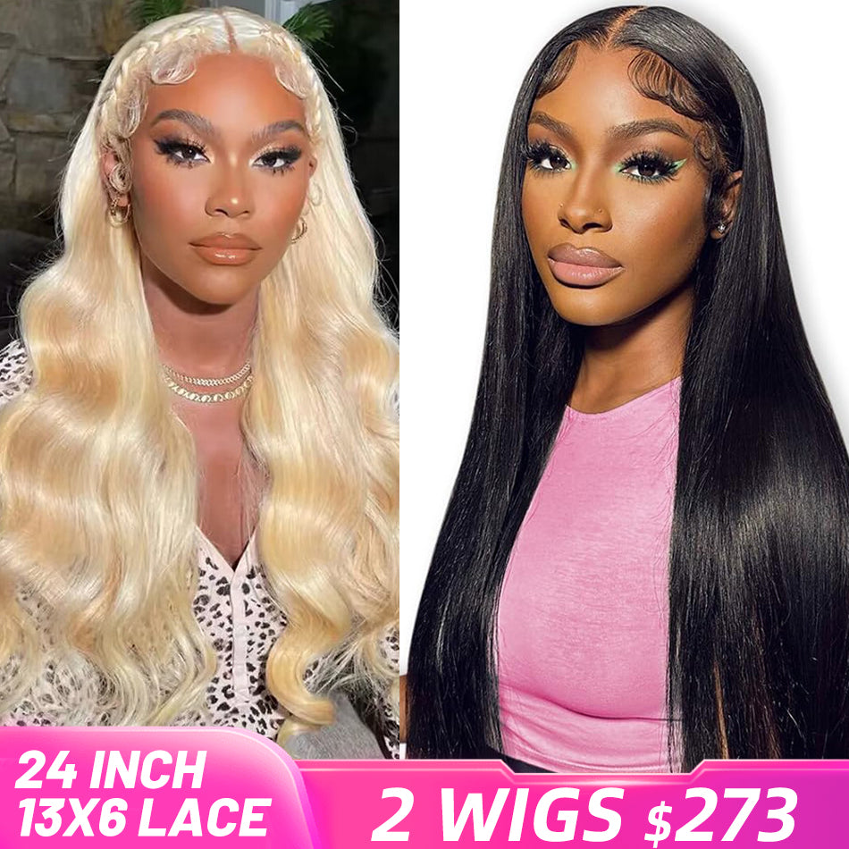 [2 Wigs 13x6 Lace]Natural Black Straight +Blonde Colored 13x6 Lace Front Human Hair Wig