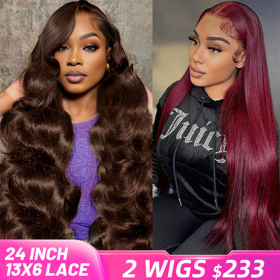 [2 Wigs 13x6 Lace]Chocolate Brown Color +Burgundy #99j 13x6 Lace Front Human Hair Wig