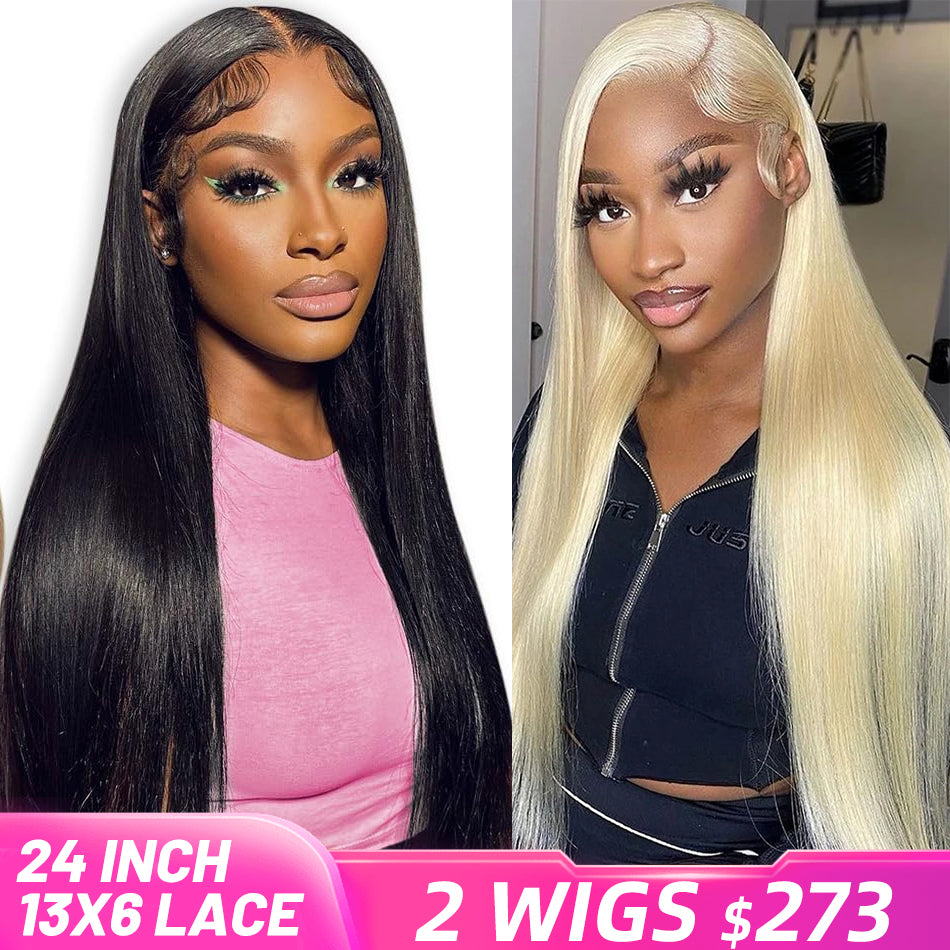 [2 Wigs 13x6 Lace]Blonde 613 Colored +Natural Black Colored 13x6 Lace Front Human Hair Wig