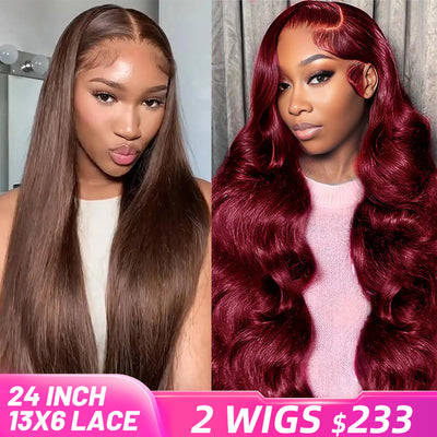 [2 Wigs 13x6 Lace]Chocolate Brown Colored +#99j Burgundy Colored 13x6 Lace Front Human Hair Wig