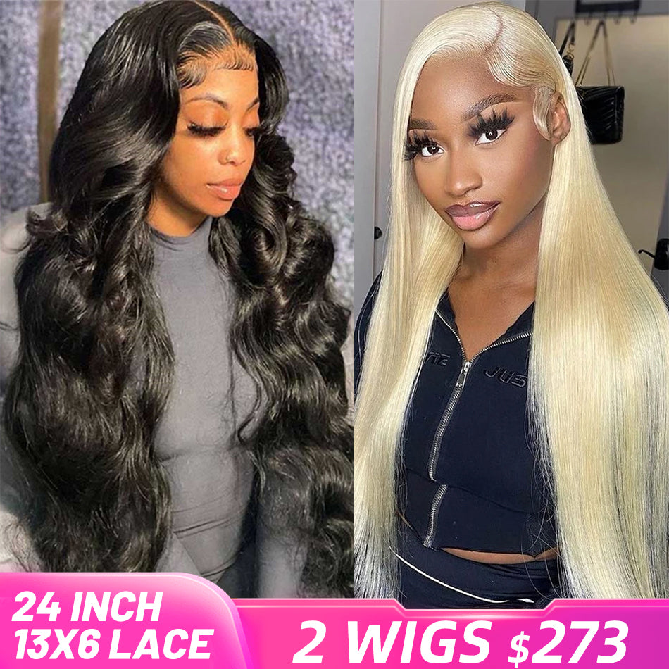 [2 Wigs 13x6 Lace]Natural Black Body Wave +613 Blonde Colored 13x6 Lace Front Human Hair Wig