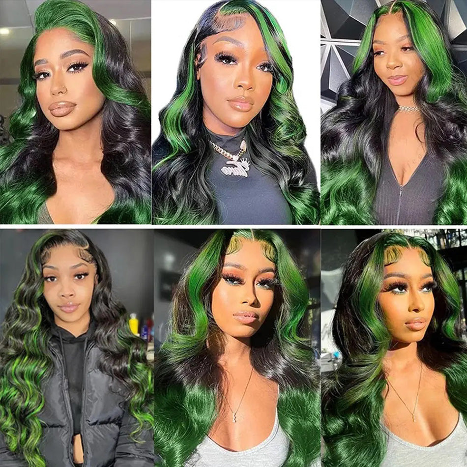 Hot Star 180% Density Highlight Black With Green 5x5 13x6 Lace Closure Front Wig 6x4 Glueless Ready To Go Human Hair Wigs Body Wave