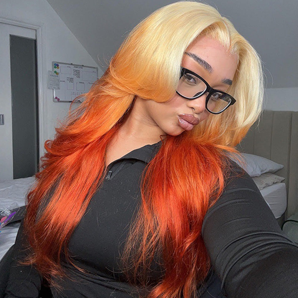 Hot Star 210% Density Ombre Blonde Orange Colored 13x4 13x6 Lace Front Human Hair Wigs Body Wave