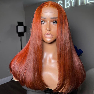 Hot Star Hairstylist Works Reddish Orange Colored Pre Plucked Ready To Wear 6x4 Glueless Closure 13x6 Lace Front Human Hair Wigs