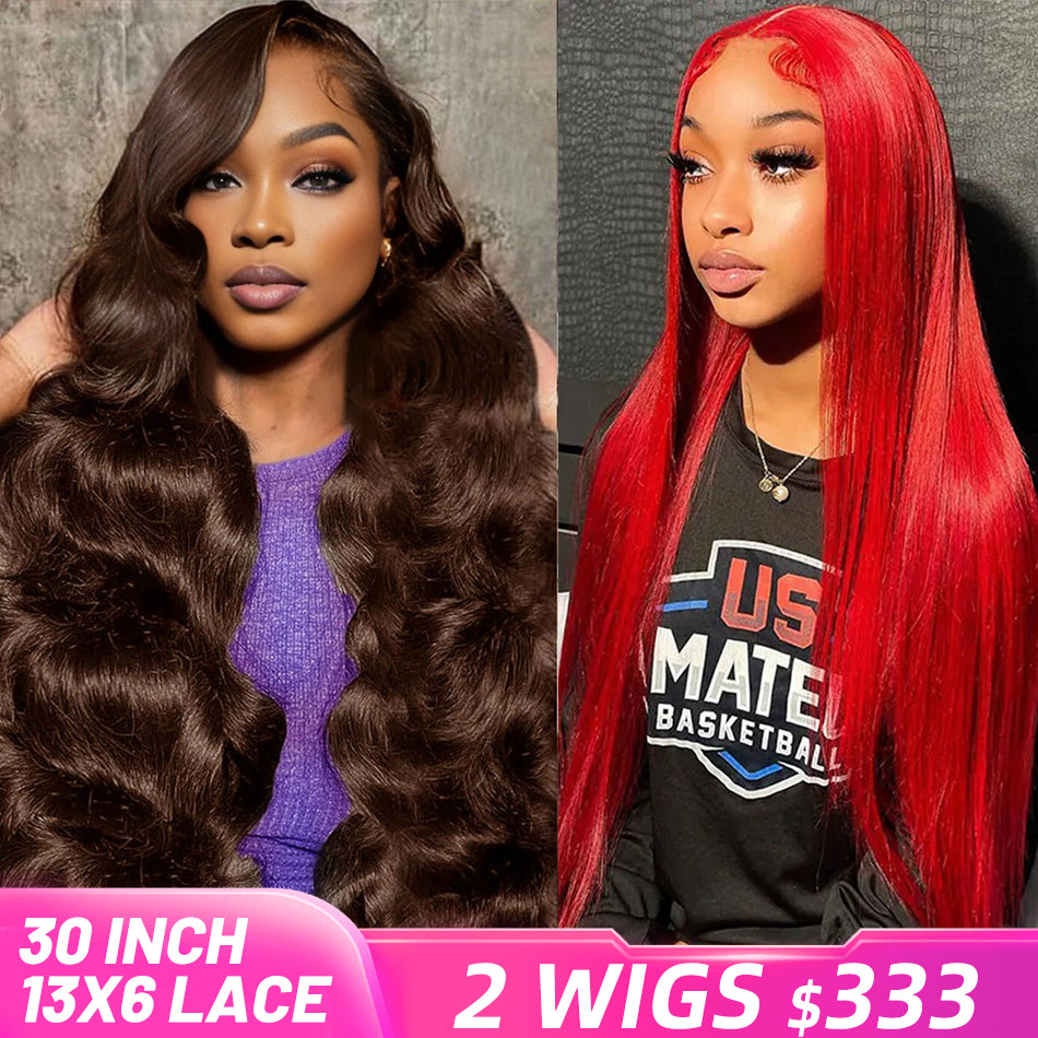 [2 Wigs 13x6 Lace]Chocolate Brown Colored +Red Colored 13x6 Lace Front Human Hair Wig