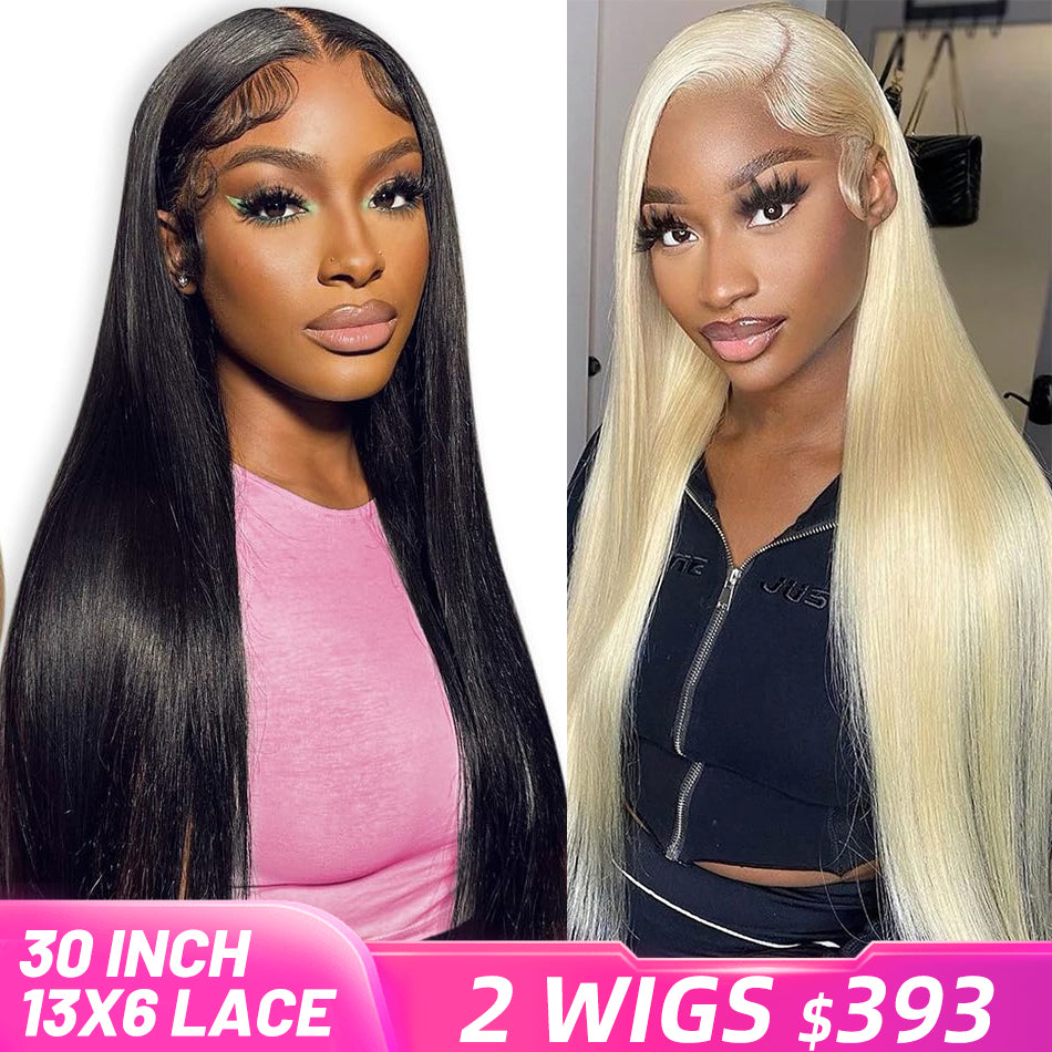 [2 Wigs 13x6 Lace]Natural Black Colored +613 Blonde Colored 13x6 Lace Front Human Hair Wig