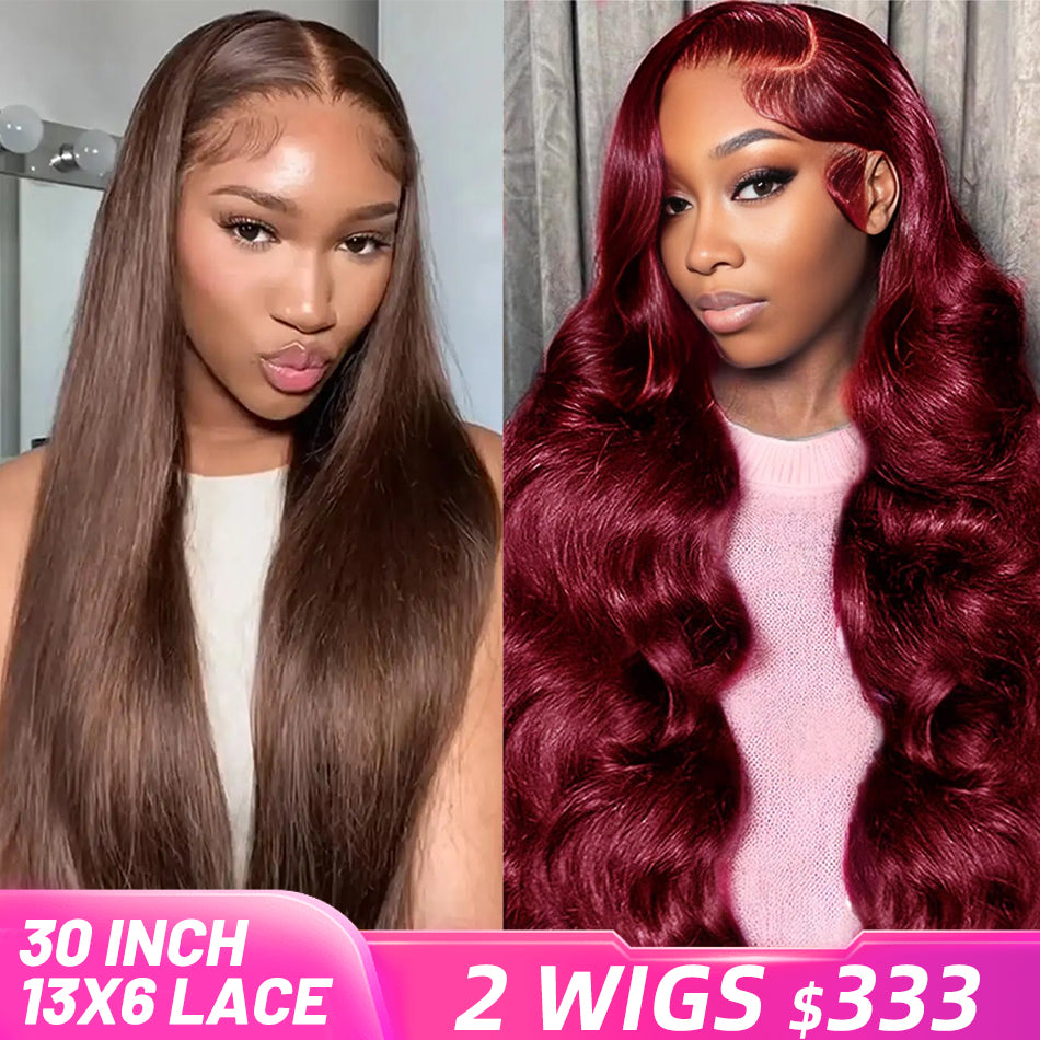 [2 Wigs 13x6 Lace]Chocolate Brown Colored +Burgundy #99j Colored 13x6 Lace Front Human Hair Wig