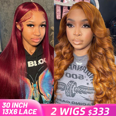 [2 Wigs 13x6 Lace]Burgundy #99j Colored+Ginger Blonde Colored 13x6 Lace Front Human Hair Wig