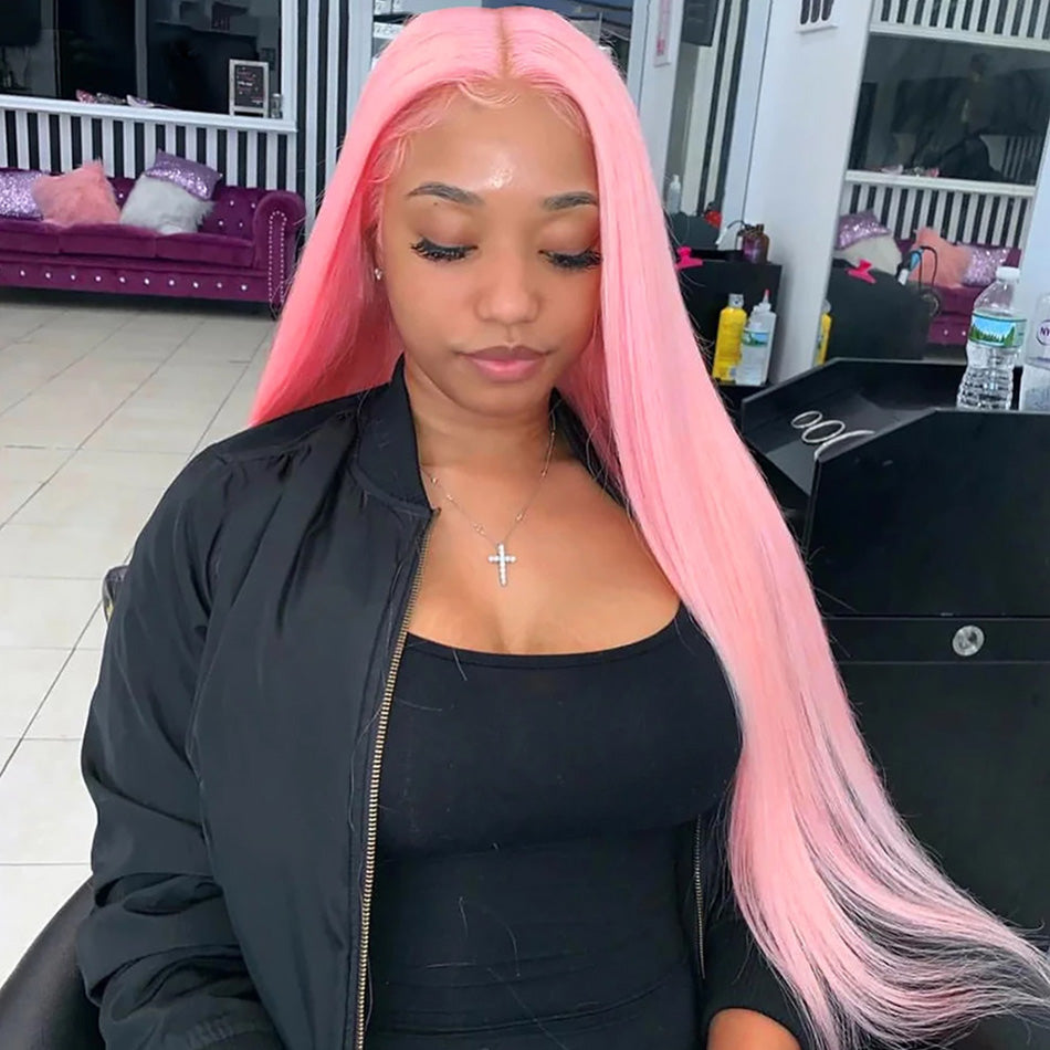 Hot Star 180% Density Customized Colored Pink Wigs Human Hair Pre Plucked HD Transparent 13x4 13x6 Brazilian Straight Lace Front Wigs
