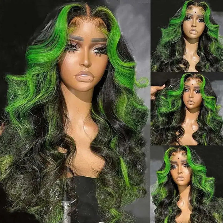 Hot Star 180% Density Highlight Black With Green 5x5 13x6 Lace Closure Front Wig 6x4 Glueless Ready To Go Human Hair Wigs Body Wave