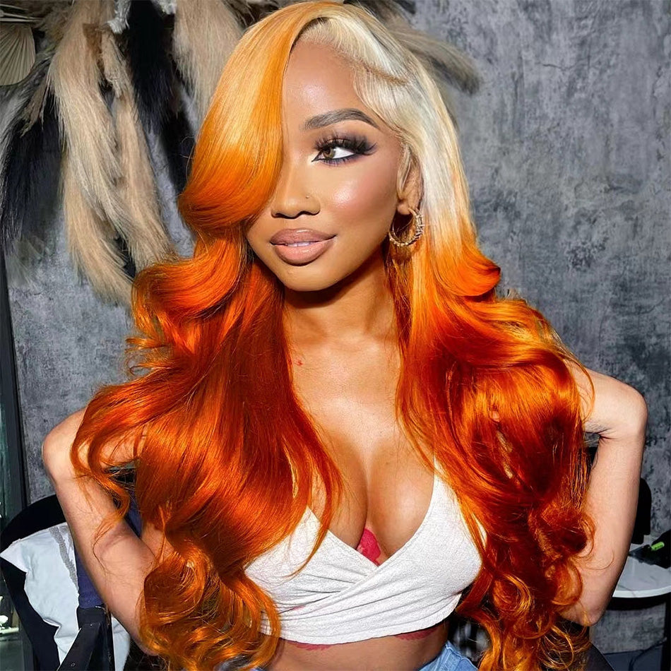 Hot Star 210% Density Ombre Blonde Orange Colored 13x4 13x6 Lace Front Human Hair Wigs Body Wave