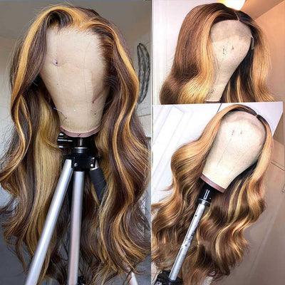 Hot Star 4/27# Highlight Colored 13x4 HD Transparent Lace Front Human Hair Wigs Brazilian Body Wave