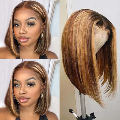 Hot Star Highlight Colored Short Bob 4x6 Wear And Go Glueless Lace Wig Straight 13x6 Lace Front Human Hair Wigs 180% Density