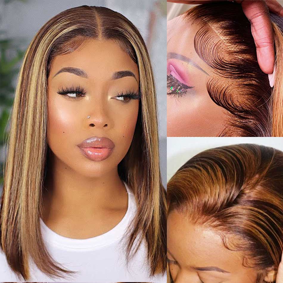Hot Star Highlight Colored Short Bob 4x6 Wear And Go Glueless Lace Wig Straight 13x6 Lace Front Human Hair Wigs 180% Density