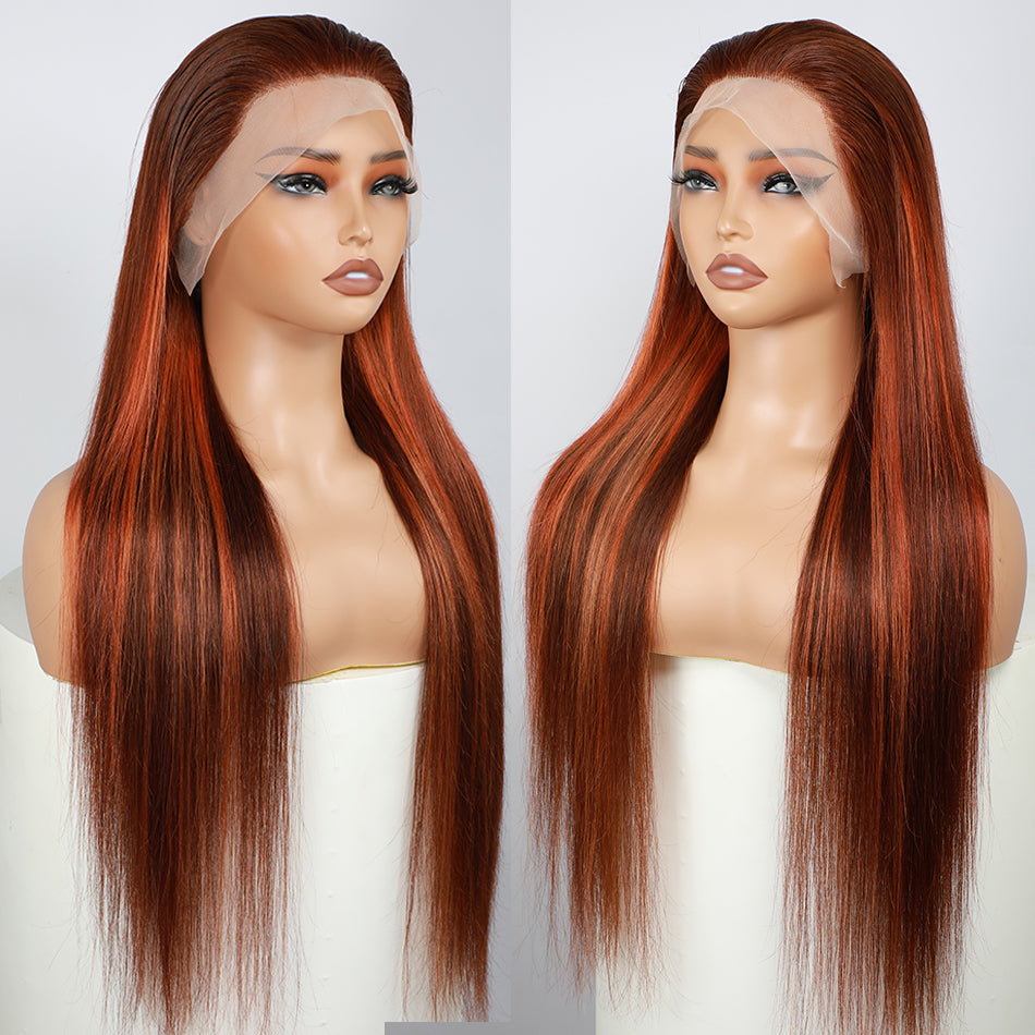 Hot Star HD Transparent Balayage Ginger Orange With Chocolate Brown Colored 13x6 Lace Front Human Hair Wig