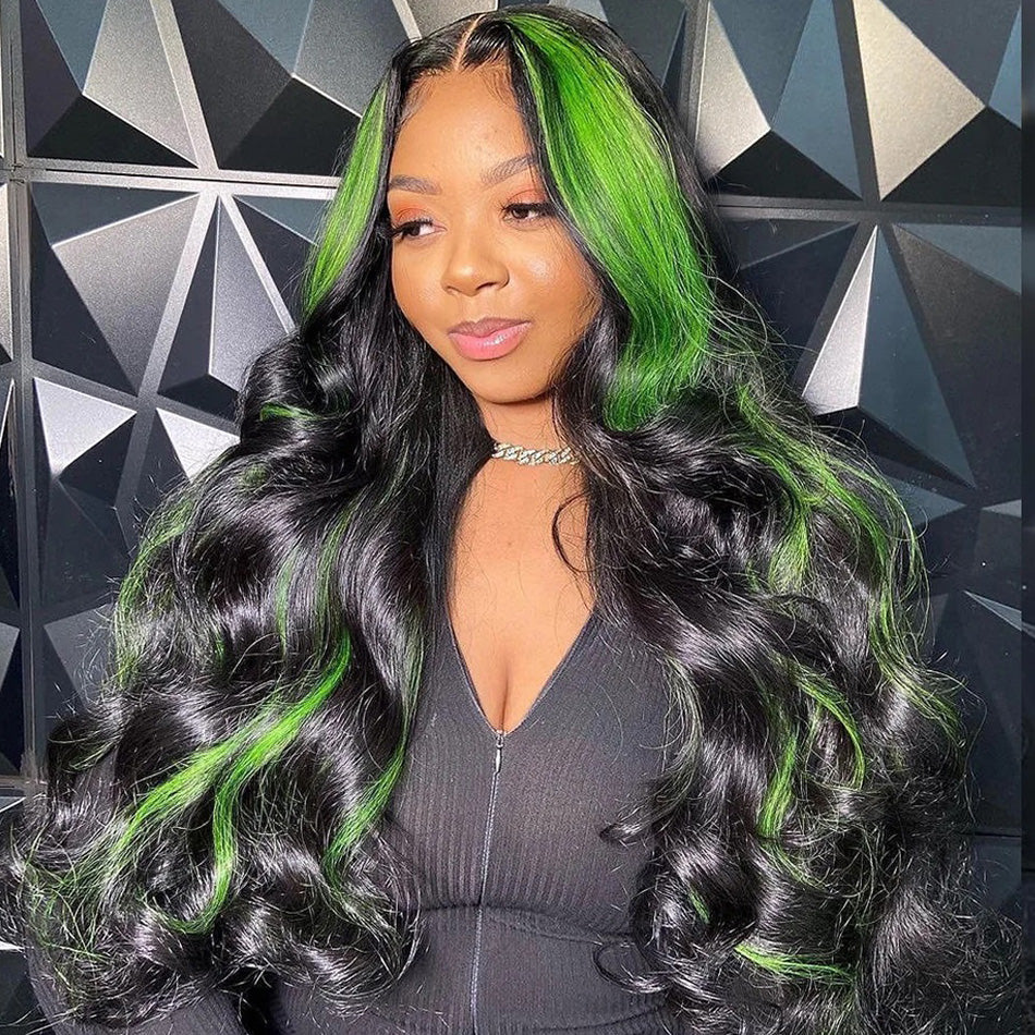 Hot Star 180% Density Highlight Black With Green 5x5 13x6 Lace Closure Front Wig 6x4 Glueless Ready To Go Human Hair Wigs Body Wave