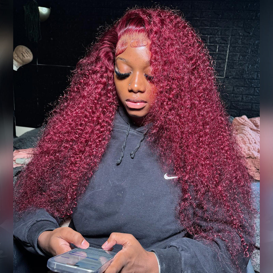 Hot Star Reddish Burgundy Colored 5x5 13x6 Lace Front Closure Curly 6x5 Glueless Ready To Go Human Hair Wigs