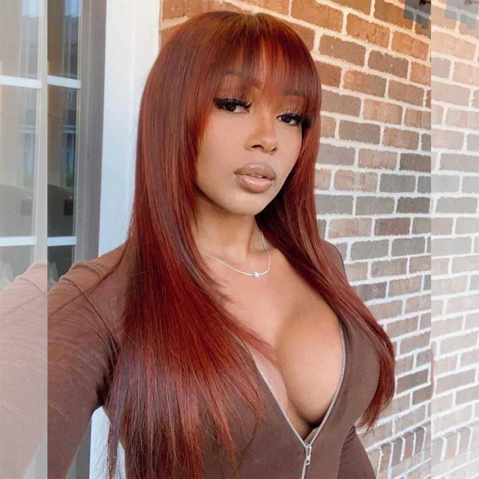 Hot Star 180% Density None Lace Glueless Reddish Brown Colored Layered Cut Straight Human Hair Wigs With Bang