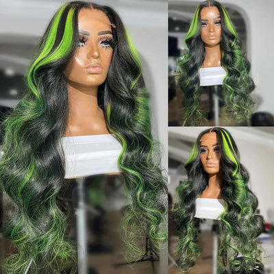 Hot Star 180% Density Highlight Black With Green 5x5 13x6 Lace Closure Front Wig 6x4 Glueless Ready To Go Human Hair Wigs Body Wave