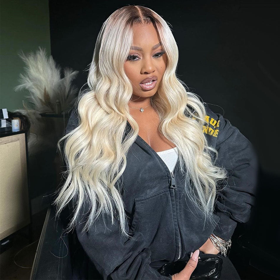 Hot Star Top 10A 250% Density Ombre Platinum Blonde Colored 13x6 Lace Front Human Hair Wigs Brazilian Body Wave