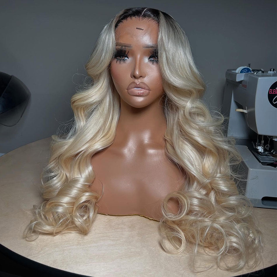Hot Star Top 10A 250% Density Ombre Platinum Blonde Colored 13x6 Lace Front Human Hair Wigs Brazilian Body Wave
